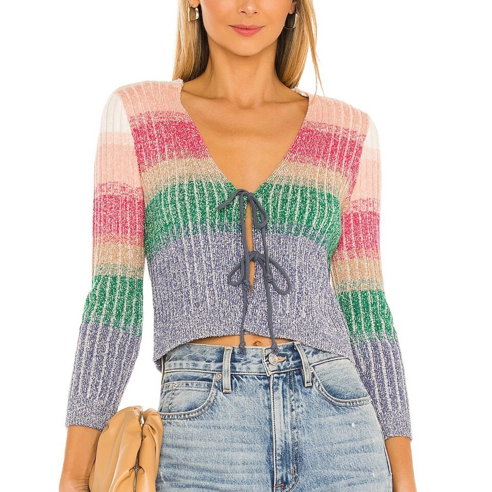 Free People Multicolor Ribbed Tie-Front Cardigan - Pink, Green, Lavender, Peach